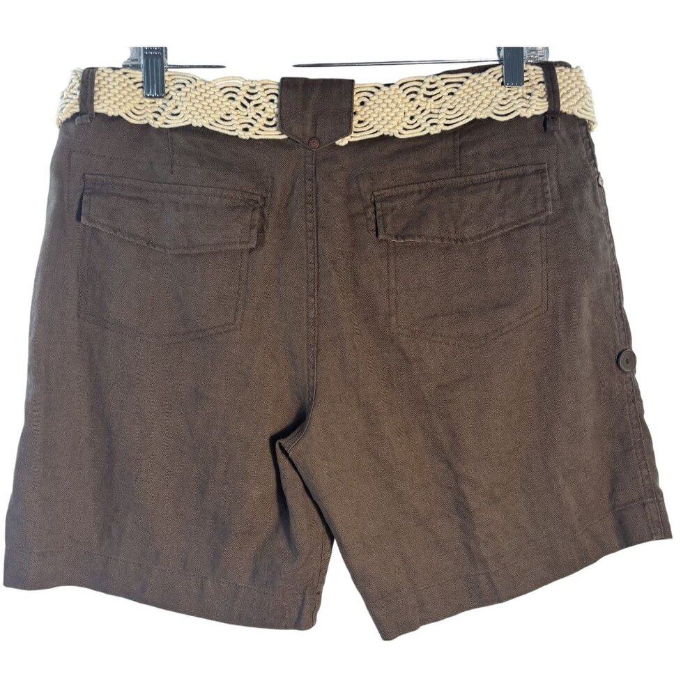 Brown Linen Blend Shorts With Crochet Belt & Drawstring Accents Size 12 - Picture 2 of 10